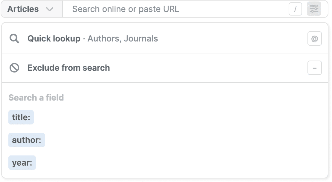 The online search box with advanced options open, offering “Quick lookup · Authors, Journals” and “Exclude from search”, above a “Search a field” list of the title:, author: and year: prefixes.